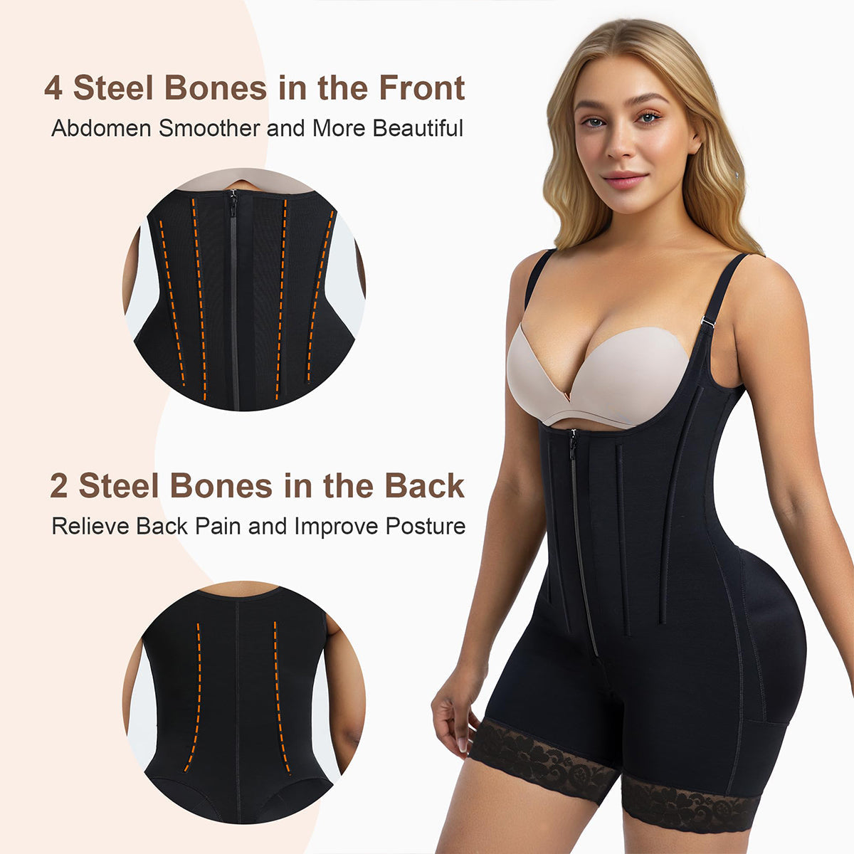 6-Steel-Bones Tummy Control Zip & Hooks Faja with Butt Lift