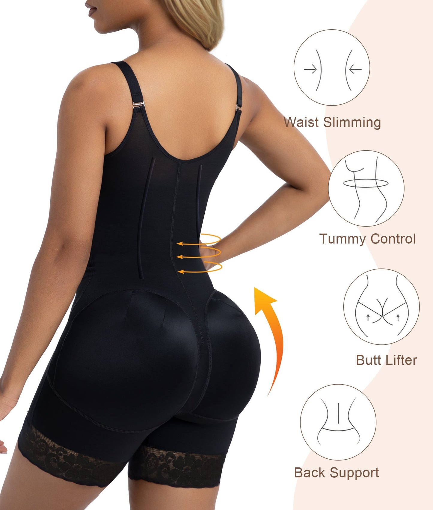 6-Steel-Bones Tummy Control Zip & Hooks Faja with Butt Lift
